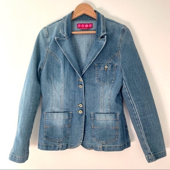 GLO Jeans Medium Wash Denim Button Blazer Jacket Juniors Large Canadian Tuxedo - Picture 1 of 12